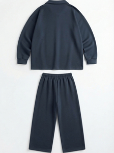 <b>Women's</b> <b>Navy</b> Blue Half-Zip Long Sleeve Pullover with Drawstring Pants Casual Tracksuit Set Solid Color Loose Fit Autumn Wear - Product Image 2