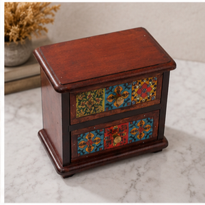 Hand Painted Wooden <b>Storage</b> <b>Box</b> with 2 <b>Drawers</b> Mediterranean Design Solid Wood Craftsmanship Bedroom Decor - Product Image 4