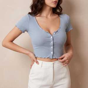 Women's Light Blue Ribbed <b>Cropped</b> <b>Top</b> With Button Front V-Neck Short Sleeve Slim Fit Casual Spring Summer Wear - Product Image 3