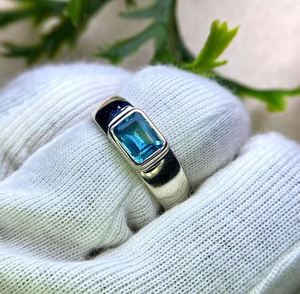 Natural Blue Topaz Bezel <b>Emerald</b> Cut Sterling <b>Silver</b> 14K Gold Plated Luxury Engagement Wedding <b>Ring</b> - Product Image 3