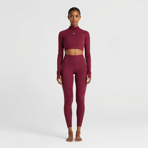 Women's Burgundy Long Sleeve <b>Crop</b> <b>Top</b> High Waist Leggings Seamless Yoga Set Spandex Polyester Medium <b>Support</b> Crew Neck Racerback - Product Image 6