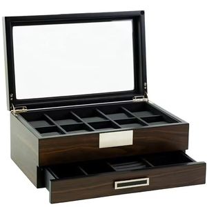 Caja de Almacenamiento de Joyas y Relojes de Madera con Tapa de Vidrio, Organizador con Cajones, Diseño Rústico y Elegante - Product Image 1