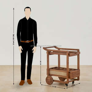 Chariot de bar à 2 niveaux en rotin et bois massif moderne avec roulettes, chariot de service roulant au design tendance - Product Image 4