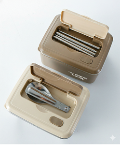 กล่องอาหารสแตนเลสสตีลทันสมัย 1 ช่อง ปลอดสาร BPA ใช้กับไมโครเวฟได้ เก็บความร้อน ป้องกันการรั่วซึม พร้อมฝาพลาสติกและชุดช้อนส้อม - Product Image 4