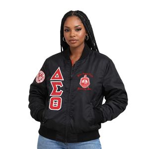 Giacca Bomber Nera Delta Sigma Theta per Donne, Vestibilità Comoda, Tessuto Premium, Abbigliamento Casual per Confraternite Greche - Product Image 1