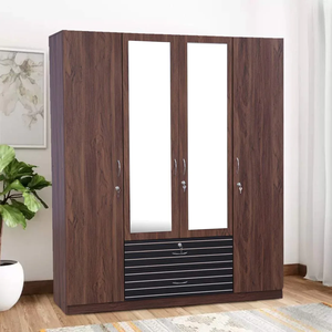 Armoire en bois noyer foncé à 4 portes avec deux miroirs et tiroirs de rangement inférieurs, disponible à prix de gros. - Product Image 1
