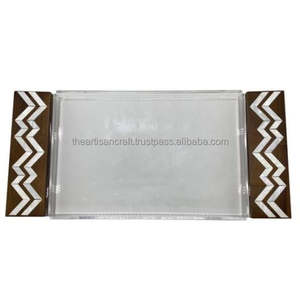 Haute qualité carré fait à la main Style arabe nacre incrustation Acacia manche en bois décoratif métal acrylique plateau de service maison - Product Image 4