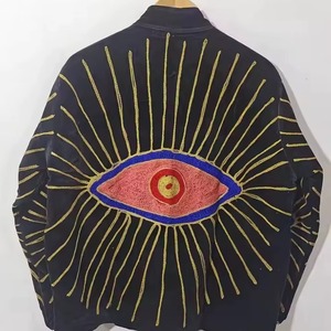 Black <b>Stand</b> Collar Kimono Jacket With Hand Embroidered Eye Pattern Full Sleeve <b>Drop</b> Shoulder Autumn Wear - Product Image 2