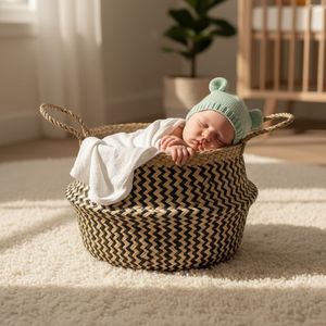 <b>Woven</b> Storage <b>Basket</b> Handwoven Water Hyacinth Belly <b>Basket</b> with Handles Eco Friendly Organizer for Home Decor Laundry Storage - Product Image 4