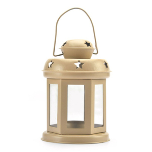 Beige Iron Lantern With Star Cutouts And Glass Panels For Home Decoration Handmade Candle Lanterns On Sale - Product Image 1