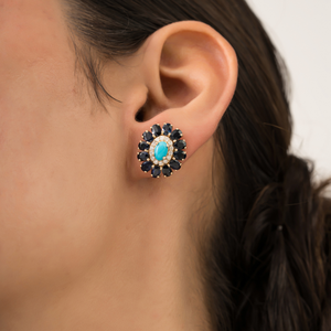 Most Beautiful Best Selling K14 Original Yellow Gold <b>Blue</b> Sapphire Turquoise & Diamond Halo Flower <b>Stud</b> <b>Earring</b> Trending Jewelry - Product Image 4