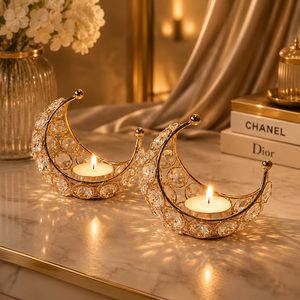Luxury <b>Crystal</b> Crescent <b>Moon</b> Tealight Candle Holder Set – Elegant Gold Decorative Candle Holders for Home & Table Décor - Product Image 1