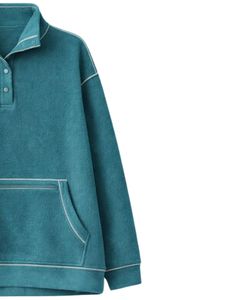 Sweat-shirt surdimensionné en polaire vert sarcelle pour femme, col à boutons, poche kangourou, épais, fabriqué sur mesure - Product Image 4