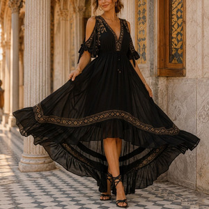 Robe longue maxi pour femme, style bohème, à manches découpées, en viscose et polyester, respirante et anti-boulochage - Product Image 3