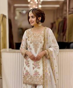 <b>White</b> Embroidered Modern Indian Pakistani <b>Women's</b> <b>Suit</b> Gold Floral Design Floor-Length Regular Fit Quick Dry <b>Wedding</b> Wear - Product Image 3