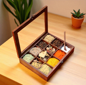 Caja de especias de madera de mango con 12 compartimentos para especias, tarros de sal y pimienta, herramientas para hierbas y especias, caja de especias de madera - Product Image 1