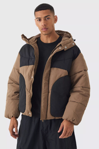 Blouson matelassé à capuche color block personnalisé, style urbain, fermeture éclair avant, beige, coupe-vent, hiver, homme, poches – Meilleures ventes - Product Image 2