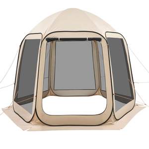 Carpa de Jardín Plegable Beige de 10 x 9.2 Pies para 4-8 Personas, Toldo Portátil con Mosquitera, Bolsa de Transporte, Laterales con Malla y Estacas para el Suelo - Product Image 1