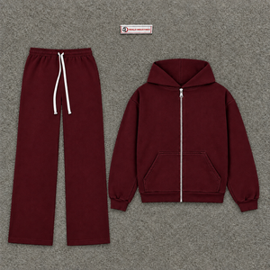Maroon mens <b>full</b> <b>zip</b> <b>hoodie</b> tracksuit set plain fleece jogger pants maroon casual streetwear two piece sports outfit relaxed fit - Product Image 5