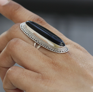 Black Onyx Long Oval Gemstone <b>Ring</b> 925 Sterling <b>Silver</b> Handmade <b>Statement</b> Gemstone Jewelry For Girl's - Product Image 4