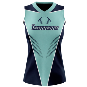 Full Dye Sublimation Sleeveless Softball Jersey Teal Navy V Neck Panel Design Custom Team Uniform with Number Back - Product Image 2