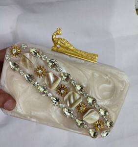 Luxury <b>White</b> Marble Resin Storage <b>Bag</b> Vintage 3D Golden Floral Studded <b>Evening</b> Purse Clutch <b>Bag</b> Hard Case Bridal Wedding Handbag - Product Image 6