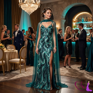 Robe de soirée luxueuse en dentelle turquoise brodée à la main pour femmes |   Robe de soirée et de mariée longue brodée à fines bretelles en tissu naturel transparent - Product Image 2
