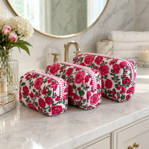 Luxury Red Rose Print 3 Piece Quilted Makeup Pouch Set Cotton Cosmetic <b>Bags</b> for Women Travel <b>Vanity</b> Toiletry Organizer Gift Set - Product Image 1