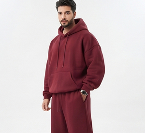 Survêtement polaire décontracté pour homme 100 % coton, coupe ample, avec sweat à capuche et pantalon ample à taille mi-haute avec cordon de serrage - Product Image 4