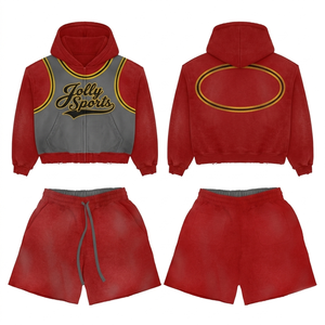Women red hoodie and shorts <b>set</b> 320 GSM cotton polyester fleece <b>mesh</b> panel puff print custom logo <b>set</b> Women's <b>Sets</b> - Product Image 1