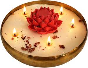 Porte-bougie en laiton Lotus Rond, Décoration Diwali, Artisanat Traditionnel, Accent Décoratif pour la Maison, Bougie en Cire de Soja Lotus Rouge Faite à la Main en Laiton - Product Image 1