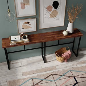 Escritorio de pasillo extralargo moderno y minimalista con superficie de metal espejado, base de acero negro, pieza decorativa para sala de estar, hotel o entrada. - Product Image 2