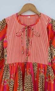 Vestido Midi de Verano de Algodón para Mujer, Estampado a Mano, Cuello Redondo, Manga Kimono, Vestido Informal - Product Image 3