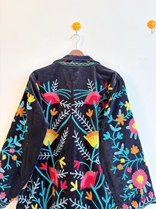 Velvet Suzani Embroidery Floral Pattern Long Robe Indian Women Free <b>Size</b> 100% Cotton Drawstring Closure - Product Image 3