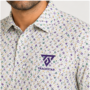 Polo pour homme Trackstar, blanc, imprimé géométrique multicolore, manches courtes, col boutonné, chemise de golf décontractée, logo personnalisé - Product Image 5