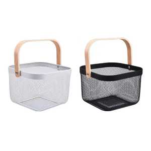 2 Tier White Metal Fruit <b>Basket</b> Stand with Wooden Handle <b>Rectangular</b> Wire Mesh Bread Vegetable <b>Storage</b> Rack for Kitchen Counter - Product Image 4