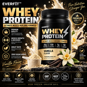 Fournisseur de poudre de protéines de lactosérum à la vanille en marque privée en Malaisie, fabrication OEM de shakes WPC sur mesure, croissance musculaire pour adultes, 20-29g - Product Image 1