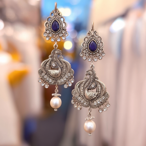 German Silver Peacock Style Chandelier Drop Earrings with Pearl and Diamond - Product Image 3