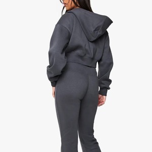 Women 2 Piece Tracksuit Hooded <b>Crop</b> <b>Top</b> With Full Length Flare Pants Solid Color Casual Style Breathable Spandex PolyesteMateria - Product Image 2