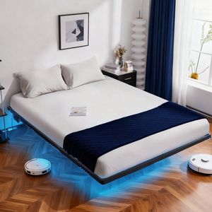 Letto singolo nero con piattaforma galleggiante in metallo, altezza 14 pollici, striscia LED integrata, presa di corrente, design semplice. - Product Image 6