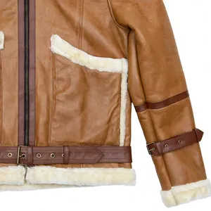 Unisex Brown Shearling <b>Real</b> <b>Leather</b> Jacket Aviator B3 Bomber Fur Collar Buckle <b>Belt</b> Winter Fashion Outerwear Custom Logo - Product Image 4