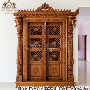 Puerta Doble Tradicional Hecha a Mano para Sala de Pooja, Puerta Doble Clásica de Madera Tallada con Herrajes de Latón y Diseño Ornamentado para Decoración del Hogar - Product Image 4