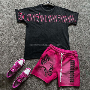 Ensemble T-shirt et short décontracté pour homme, 100 % polyester, délavé à l'acide, effet soleil, col rond, séchage rapide, sérigraphie et broderie - Product Image 4