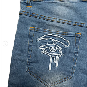 Mens Blue Solid 100% Cotton Eco-Friendly Training Canvas <b>Jean</b> Shorts Embroidered Baggy High Waist - Product Image 6