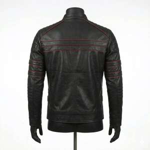 เสื้อแจ็คเก็ตหนัง PU สีดำสำหรับผู้ชาย แต่งตะเข็บสีแดง ซิปปิด คอปกพับได้ ทรงเข้ารูป กันลม สไตล์ไบค์เกอร์ สำหรับฤดูใบไม้ร่วง - Product Image 4