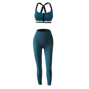 Ensemble de sport côtelé pour femme, extensible dans les 4 sens, avec soutien-gorge de sport à dos nageur et fermeture éclair frontale, et leggings taille haute, séchage rapide, pour le yoga - Product Image 1