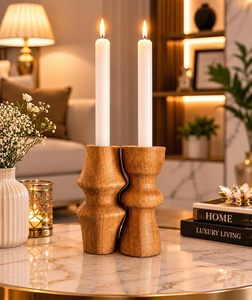 Handmade Durable Wooden <b>Tall</b> Candle Holder Set Polished Brown Round Candle Stands for Home Decoration Christmas Wedding <b>Table</b> - Product Image 3