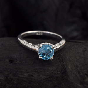Anillo Solitario de Plata de Ley S925 con Topacio Azul Suizo Redondo para Mujer, Anillo de Compromiso Clásico con Engaste de Garras, Joyería Fina con Gema de Topacio - Product Image 2