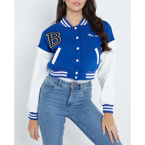 Veste de sport bleue avec manches blanches, lettre B brodée, style preppy, fermeture à boutons, longueur courte, vêtement d'automne - Product Image 1