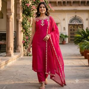 Conjunto indio-pakistaní rojo bordado para mujer, kurta y pantalón, tela satinada, para fiesta. - Product Image 2